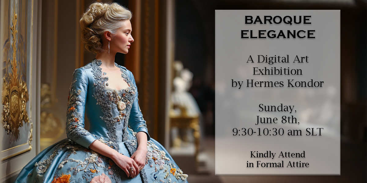 A woman in an elaborate blue 18th-century gown sits on a richly decorated chair, promoting the 'Baroque Elegance' digital art exhibition at Caerleone Manor's grand opening.